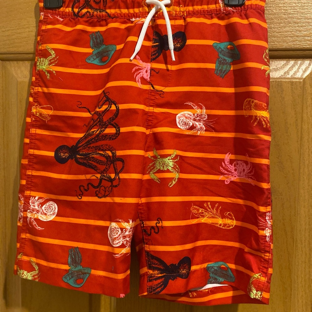 Lands' End Kids Swim Trunks - Red with Sea Creature Print